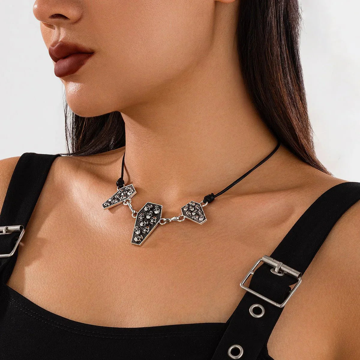 Skull coffin leather wax line necklace hip hop 889403