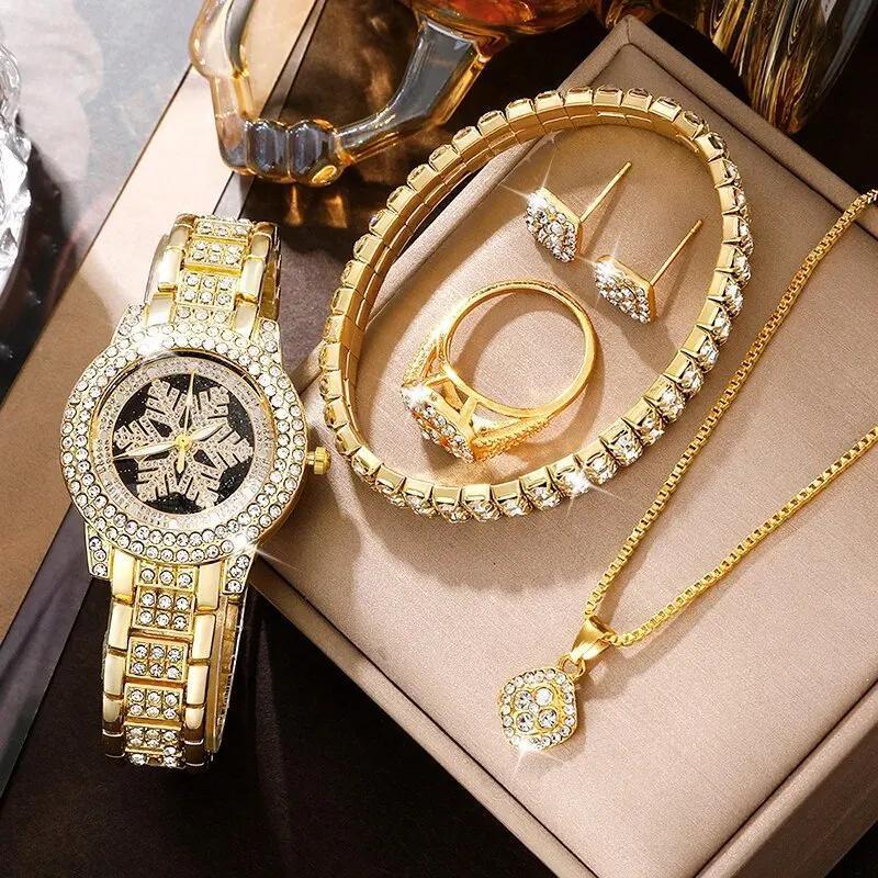 Snowflake pattern watch luxury full rhinestone jewelry five piece set 875939